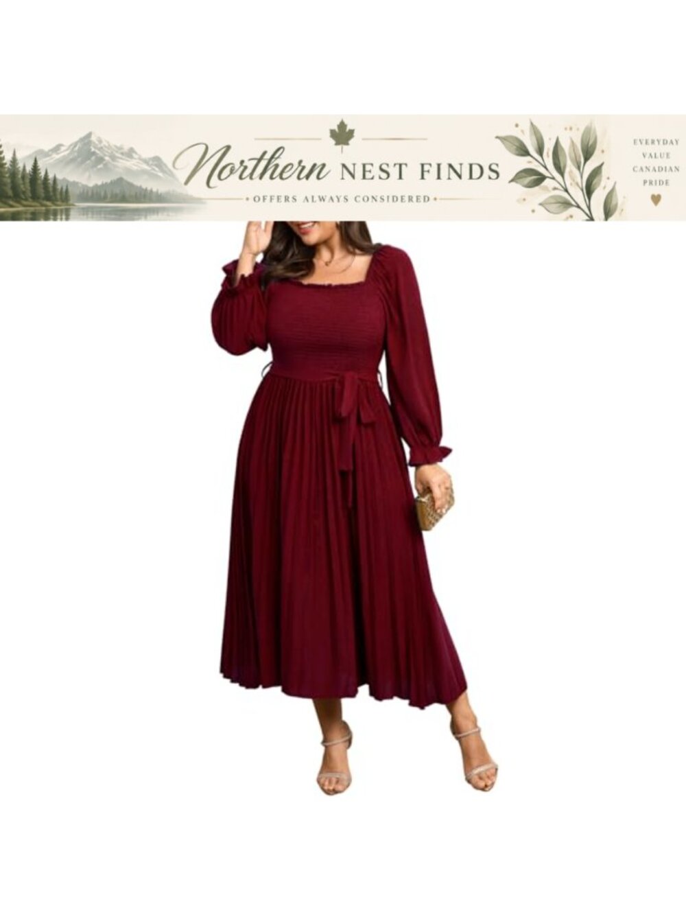 Plus Size Smocked Square Neck Long Sleeve Maxi Dress Wedding Guest